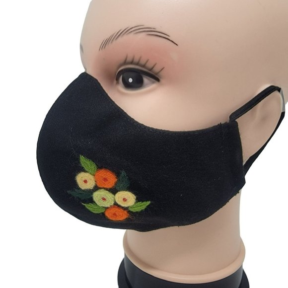 New Face cover ear loop black Mask Women's Embroidered handmade Flowers design - Picture 1 of 6